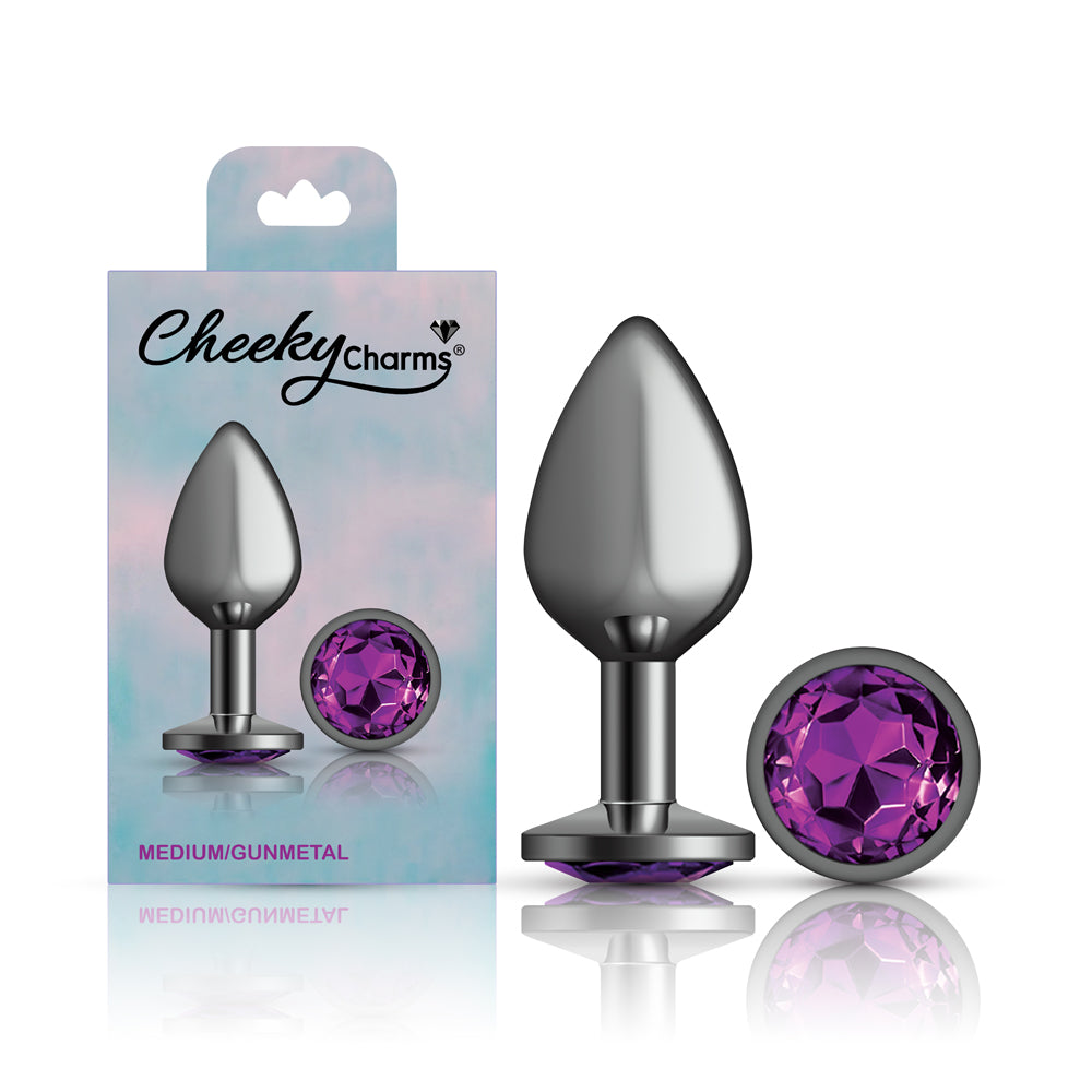 Cheeky Charms Gunmetal Round Butt Plug with Purple Jewel Medium > Anal Range > Jewel Butt Plugs