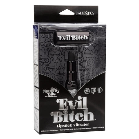 Naughty Bits Evil Bitch Black Lipstick Vibrator 4-Inch Rechargeable Waterproof Silicone Massager BULLETS
