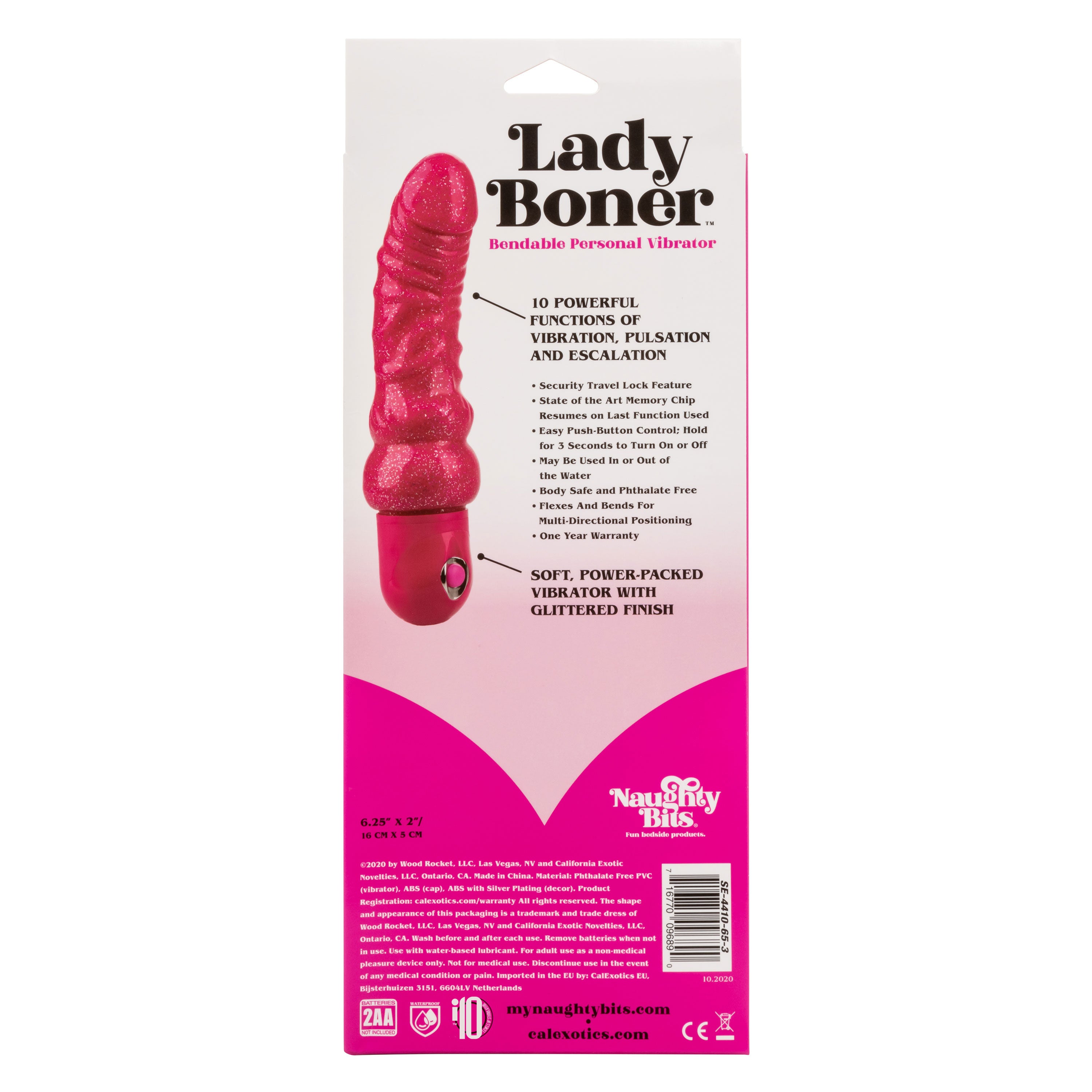 Naughty Bits Lady Boner Bendable Personal Vibrator Pink Glitter 10 Function Waterproof > Vibrators > Realistic Vibrators