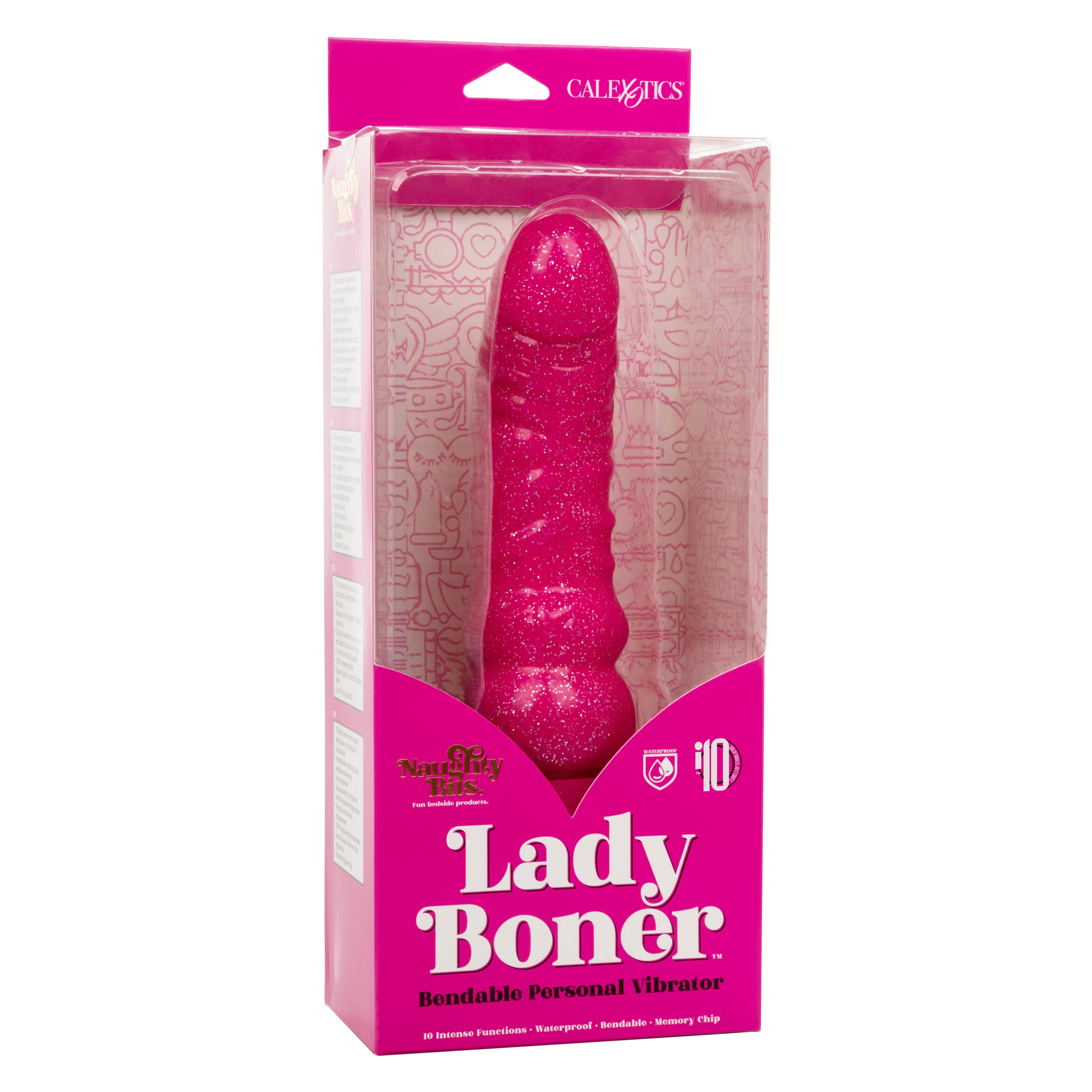 Naughty Bits Lady Boner Bendable Personal Vibrator Pink Glitter 10 Function Waterproof Vibrators