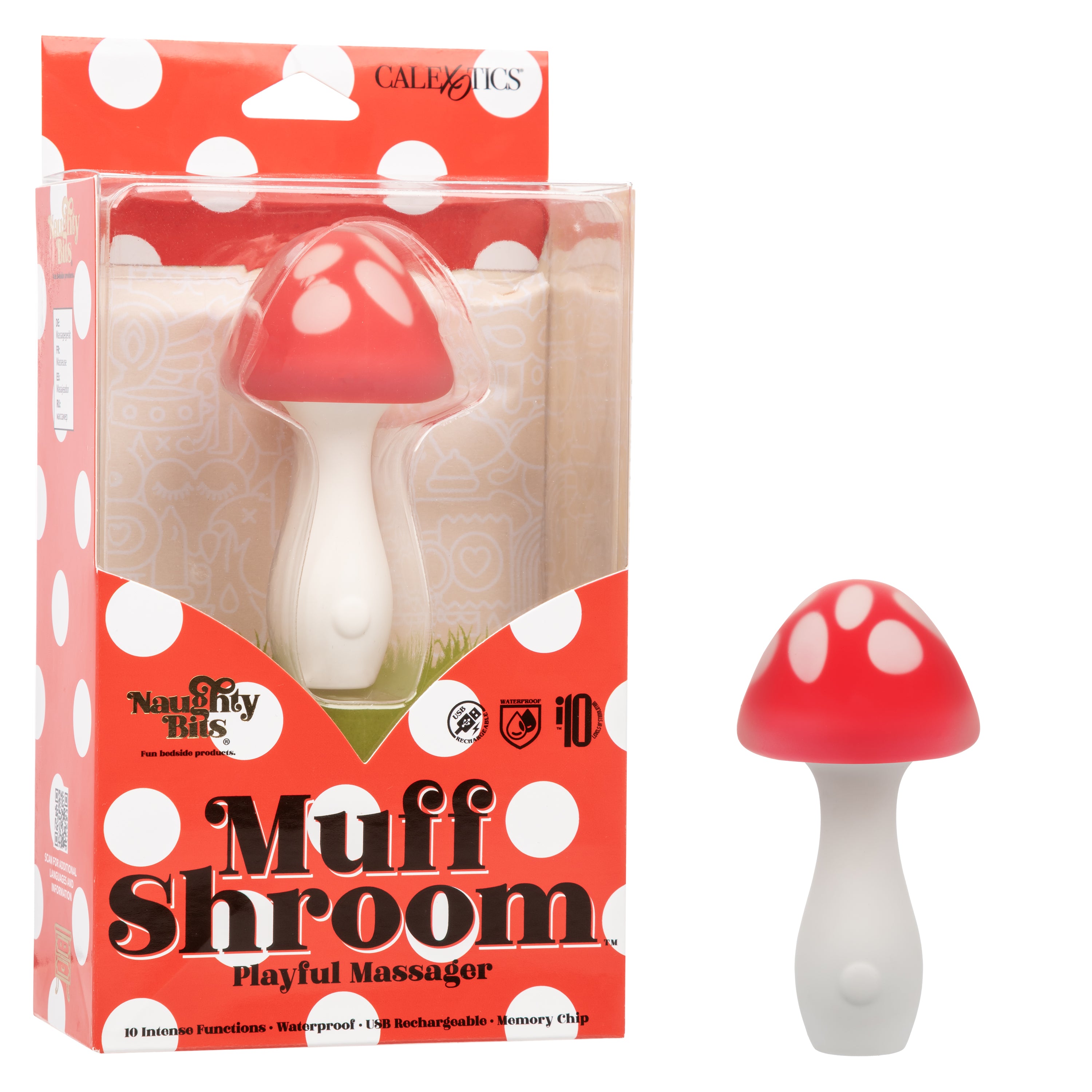Naughty Bits Muff Shroom Playful Massager Red and White Silicone 10 Intense Functions Waterproof Secondary image