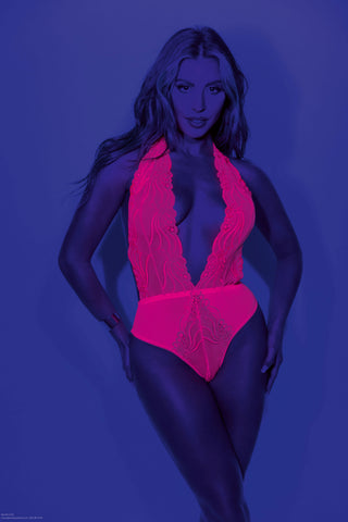 Neon Pink Lace Teddy One Size Halter Tie Erotic Lingerie Teddies
