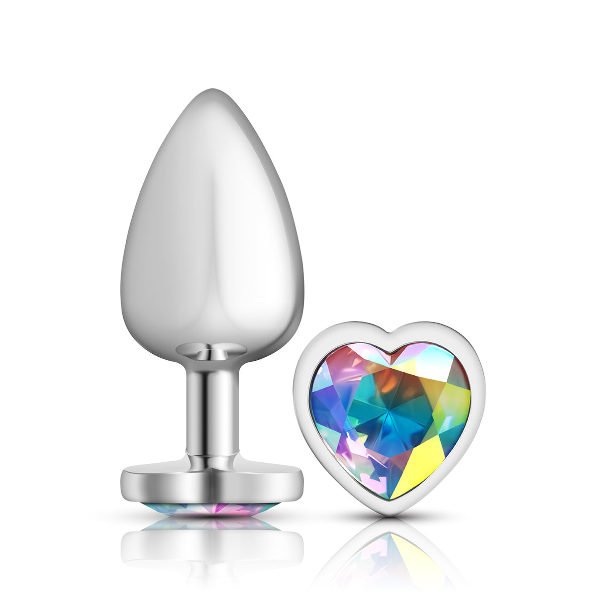 Cheeky Charms Silver Metal Butt Plug with Heart Clear Jewel Large (9.12cm) Clear Large > Anal Range > Jewel Butt Plugs
