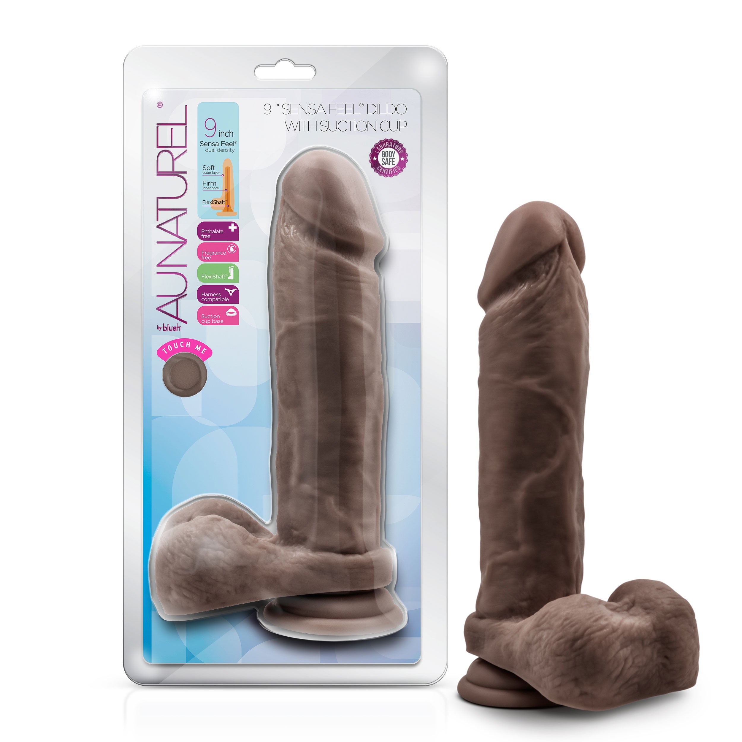 Au Naturel 9 Inch Realistic Dildo with Suction Cup Chocolate Dongs Realistic