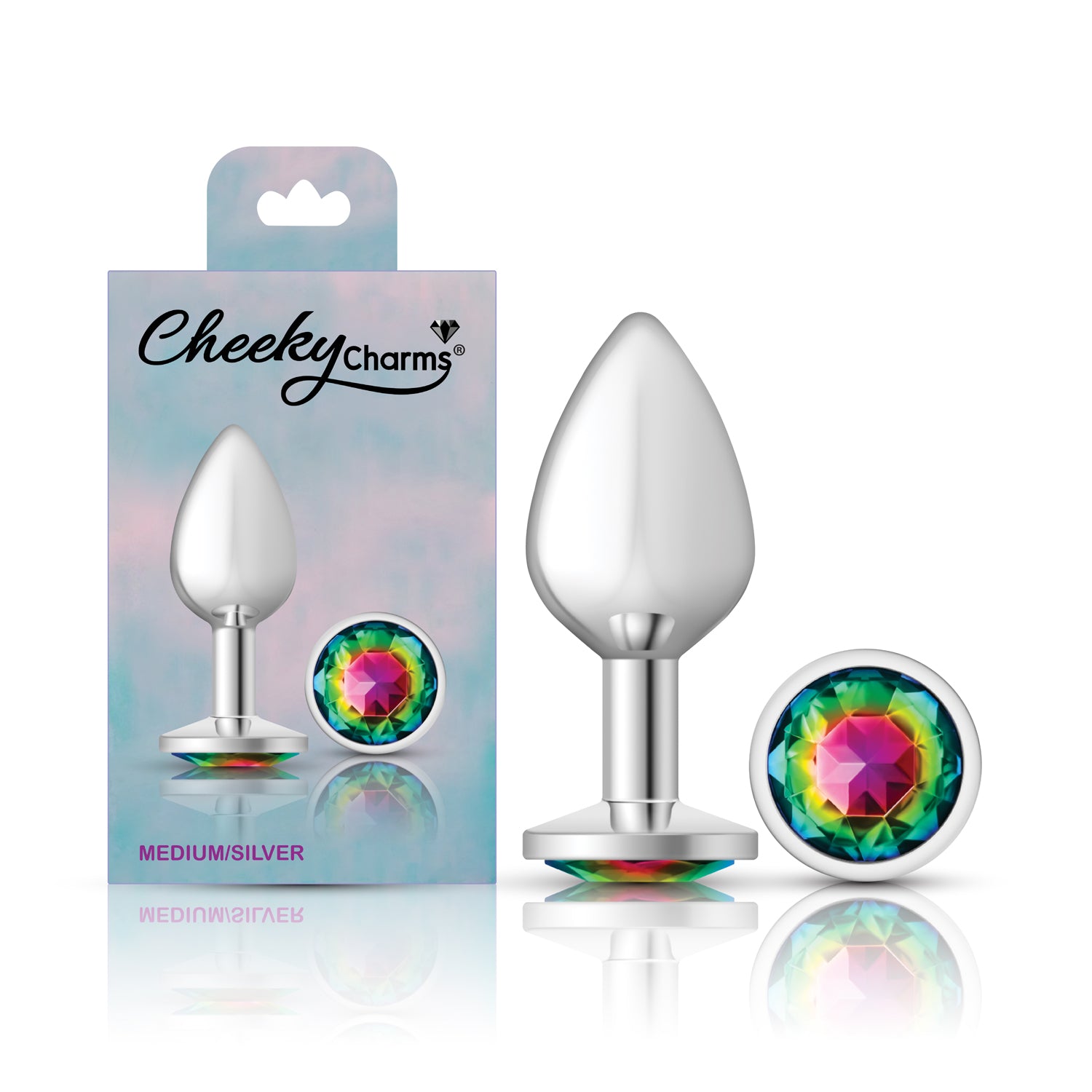 Cheeky Charms Silver Round Butt Plug with Rainbow Jewel Medium > Anal Range > Jewel Butt Plugs