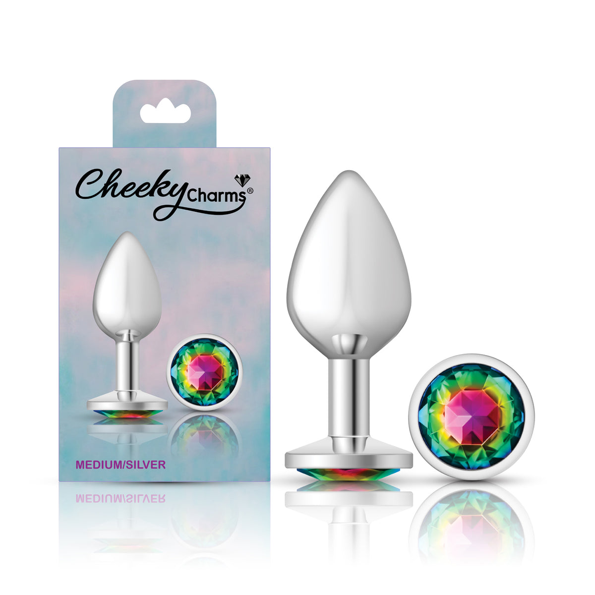Cheeky Charms Silver Round Butt Plug with Rainbow Jewel Medium (8.03cm) > Anal Range > Jewel Butt Plugs