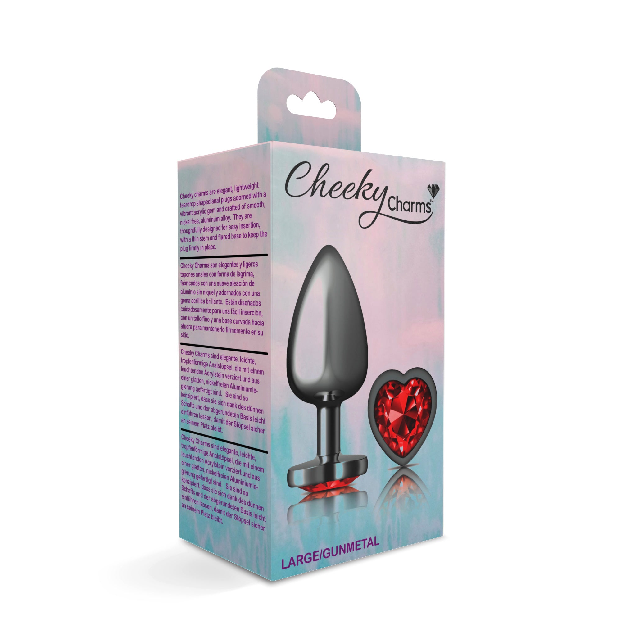 Cheeky Charms Gunmetal Butt Plug with Heart Red Jewel Large > Anal Range > Jewel Butt Plugs