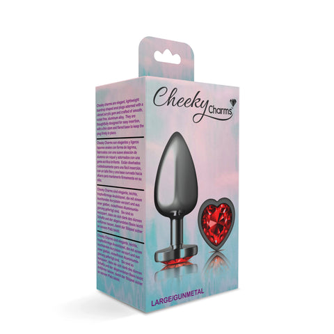 Cheeky Charms Gunmetal Butt Plug with Heart Red Jewel Large > Anal Range > Jewel Butt Plugs