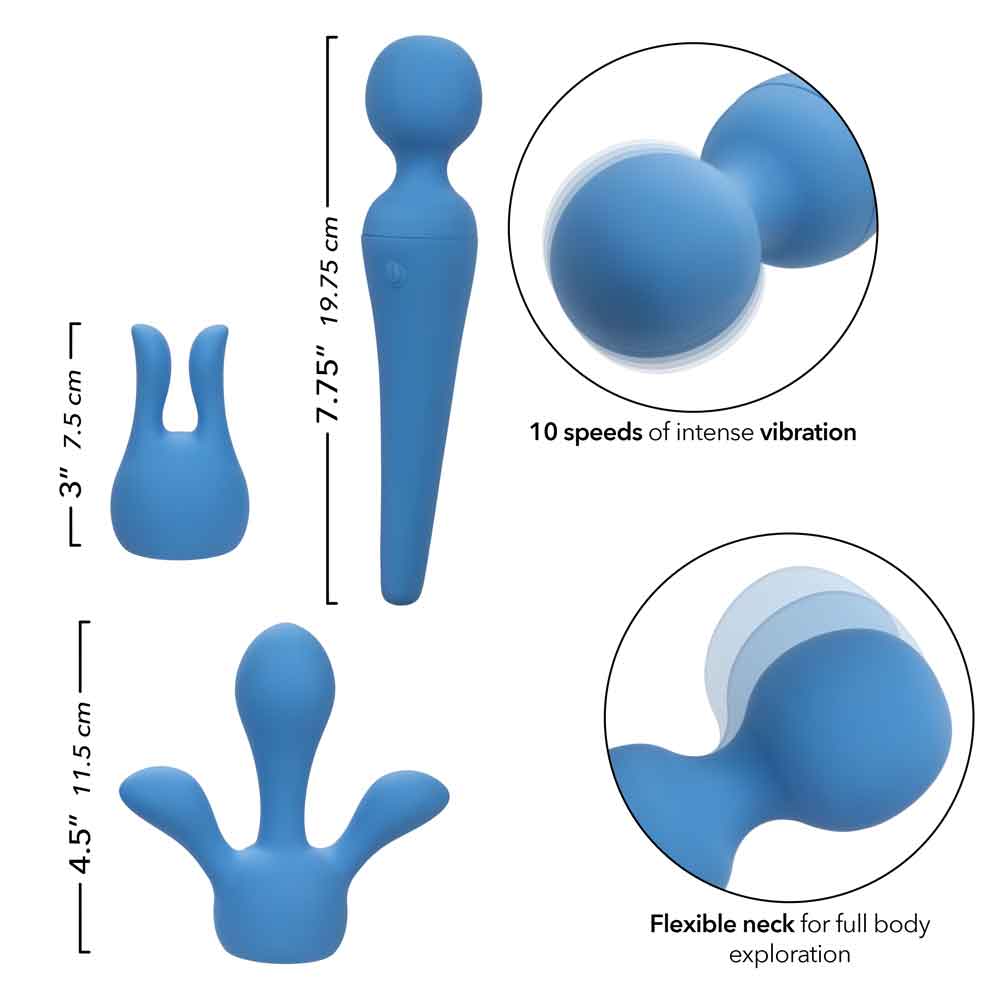 Couture Collection™ Body Wand Kit Blue Silicone USB Rechargeable Waterproof with Dual and Triple Teaser Attachments Electric Massager