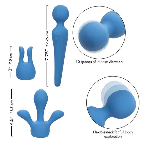 Couture Collection™ Body Wand Kit Blue Silicone USB Rechargeable Waterproof with Dual and Triple Teaser Attachments Electric Massager
