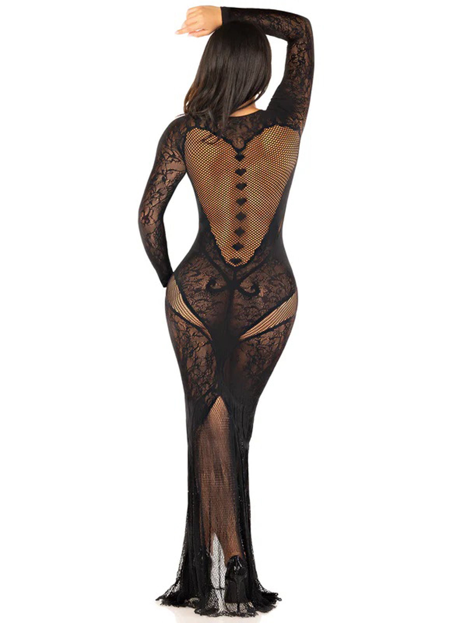 Black Lace Net Bodycon Lingerie Gown with Heart Keyhole Detail > Clothes > Dresses and Chemises