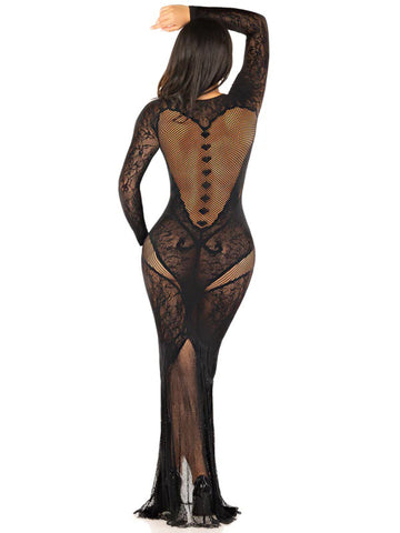 Black Lace Net Bodycon Lingerie Gown with Heart Keyhole Detail > Clothes > Dresses and Chemises