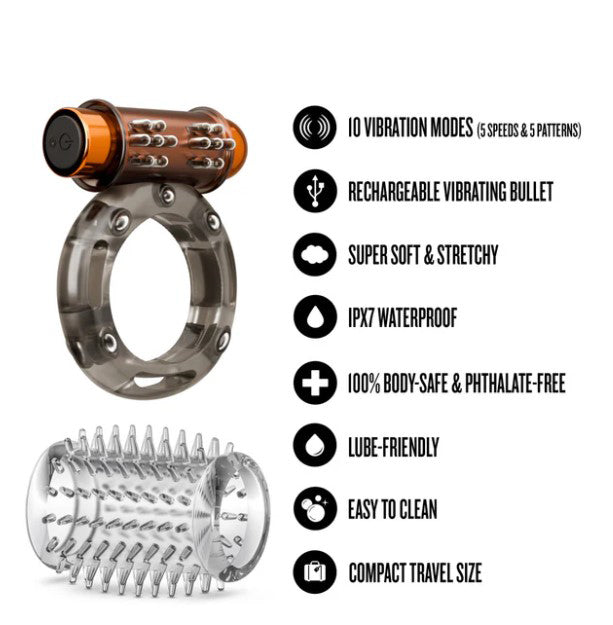 Stay Hard Vibrating Cock Ring Set With Textured Sleeve - Stamina Enhancer > Cock Ring > Vibrating