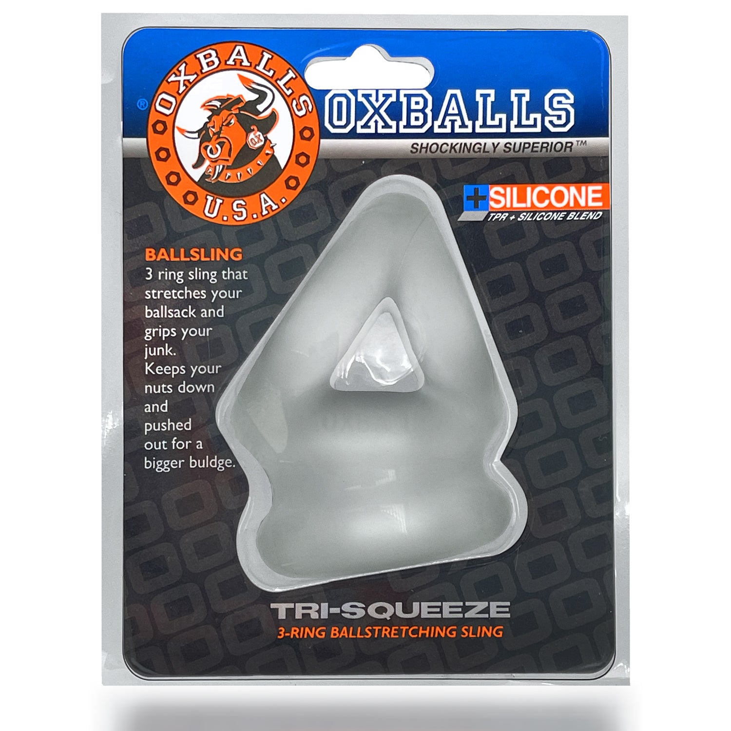 Oxballs Tri-Squeeze 3-Ring Cocksling – Extended Ballstretcher Base Comfort Clear COCK RINGS Sling