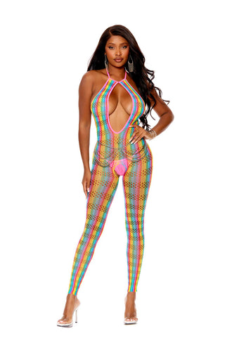 Elegant Moments Deep V Multicolor Crochet Bodystocking One Size Bodystocking