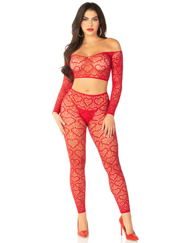 Pink Heart Net Off Shoulder Crop Top and Footless Tights Set Red Lingerie Sets