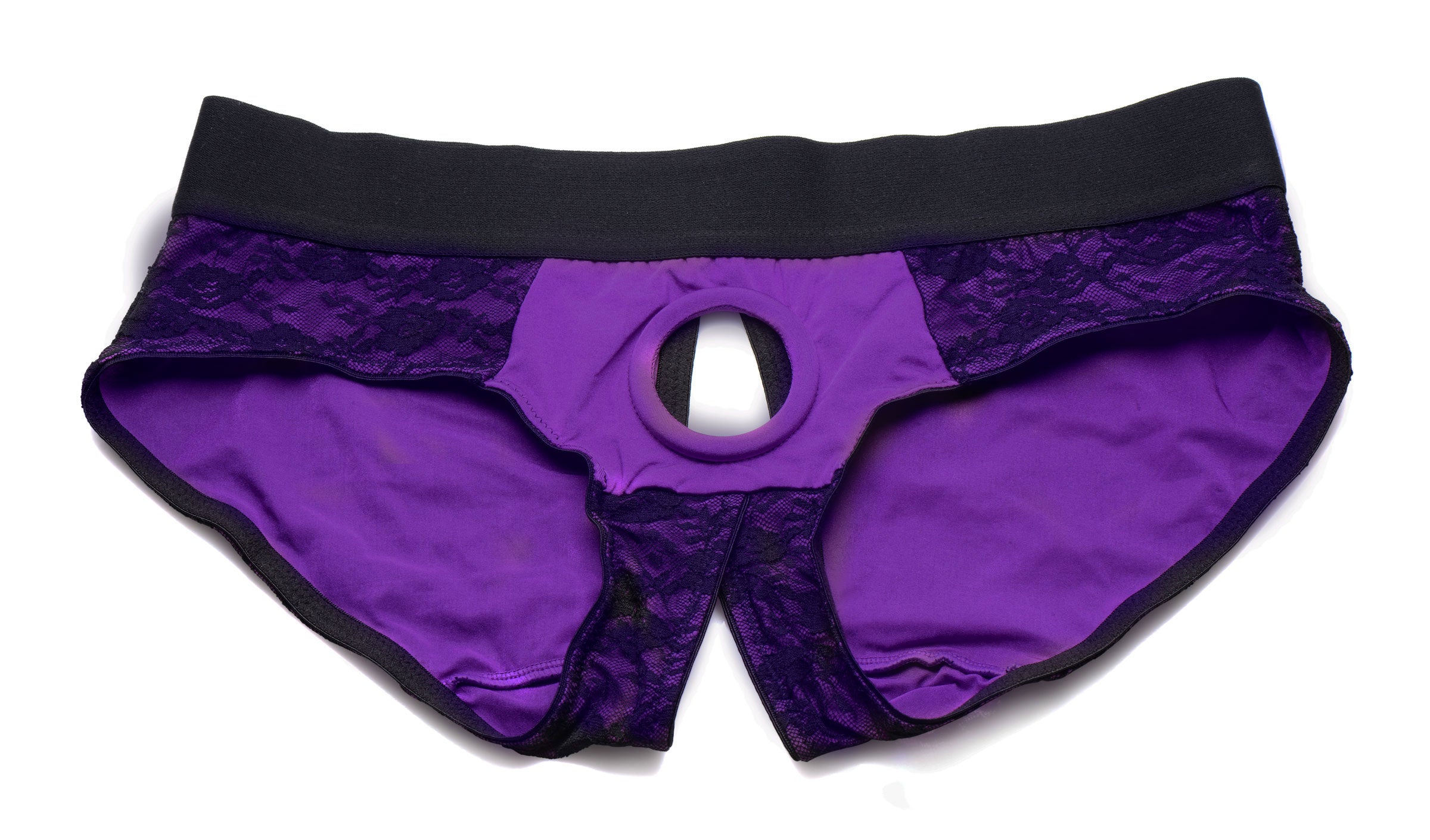 Lace Envy Crotchless Panty Harness Black Purple Adult Lingerie Harnesses & Strap-Ons