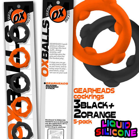 Gearheads 5 Pack Spinner Rings (Black Vapor) – Stretchy Silicone Cock Rings Orange Cockrings