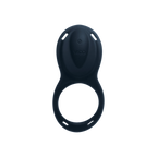 A dark navy blue adult novelty device with a textured central top and a large circular ring base, featuring the embossed brand name 'vexo' and a power symbol, shown on a plain white background.