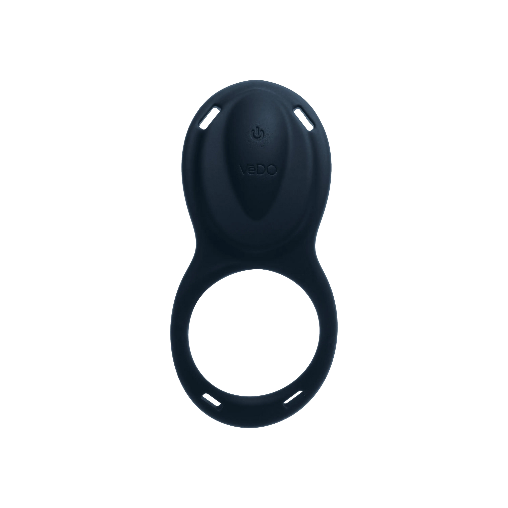 A dark navy blue adult novelty device with a textured central top and a large circular ring base, featuring the embossed brand name 'vexo' and a power symbol, shown on a plain white background.