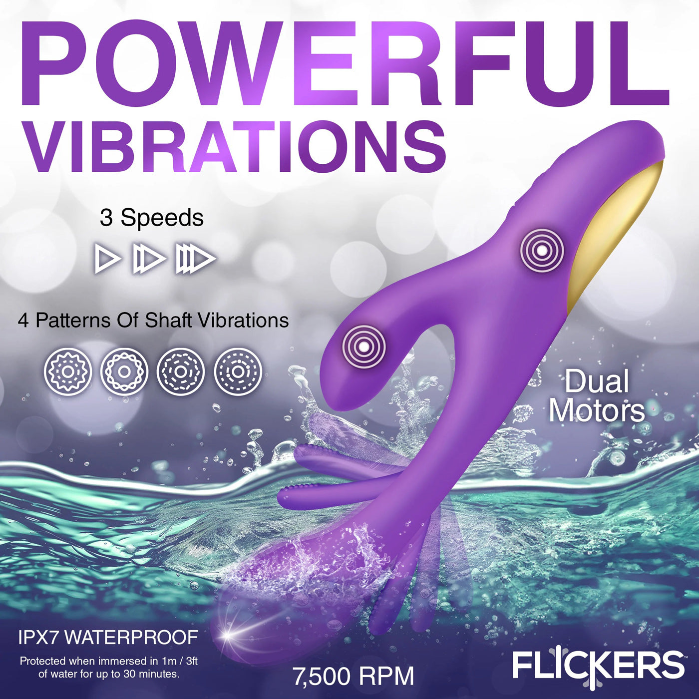Tri-Flick Silicone Rabbit Vibrator Rechargeable Purple Toy VIBRATORS-RABBIT