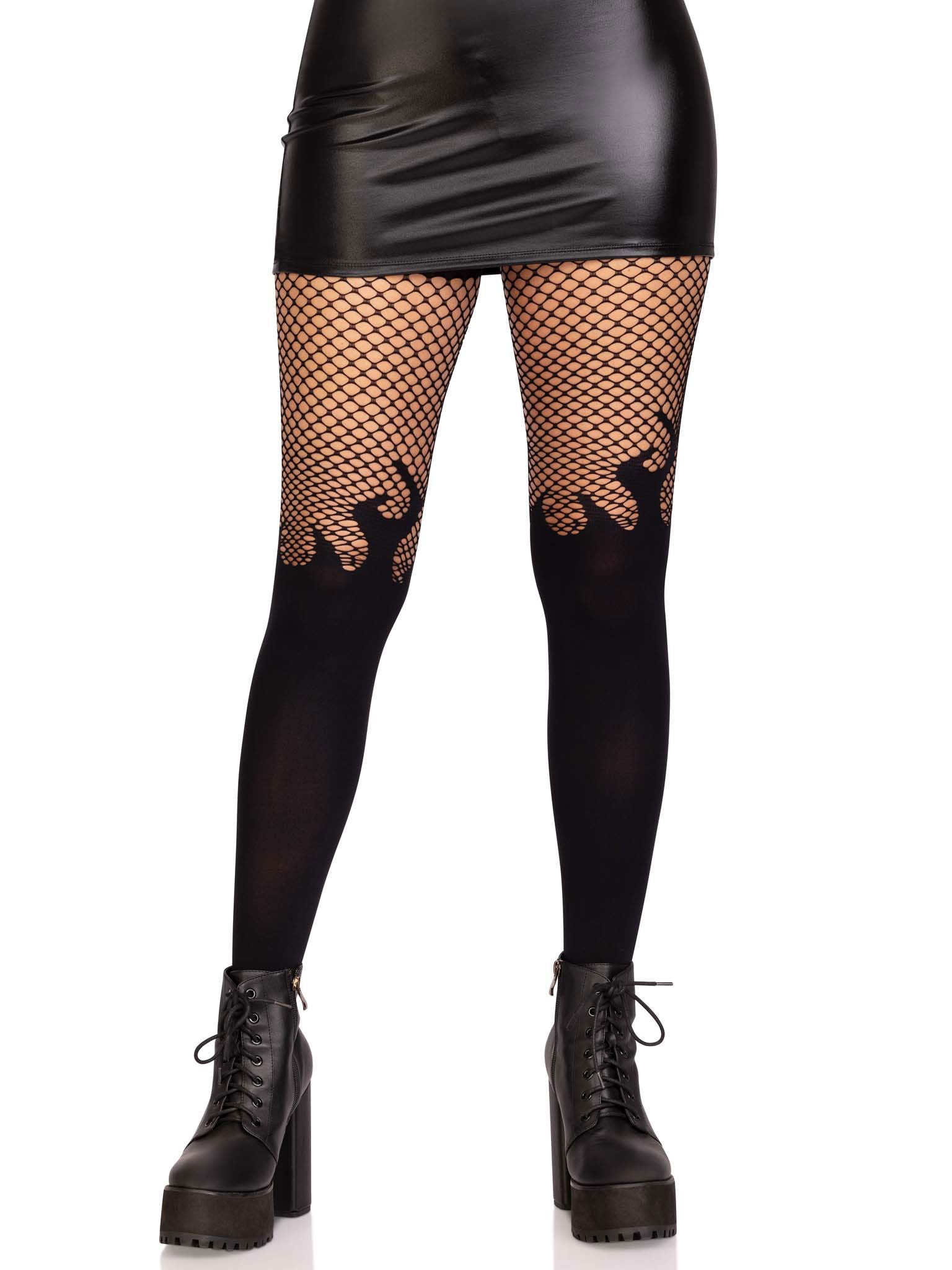 Opaque Flame Fishnet Top Tights One Size Black Hosiery Black Hosiery