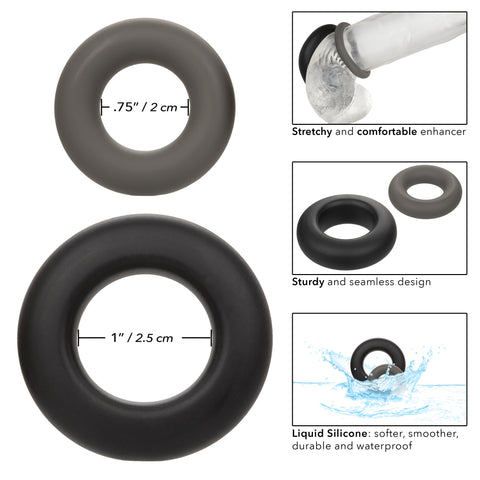 Alpha Liquid Silicone Prolong Set of 2 Stretchy Comfortable Rings in Black, Small 0.75” and Large 1” Diameter COCK RING Set