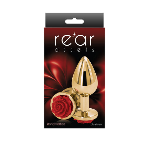 Rear Assets Rose Medium Gold 8.9 cm Metal Butt Plug with Rose Base Gold > Anal Range > Jewel Butt Plugs