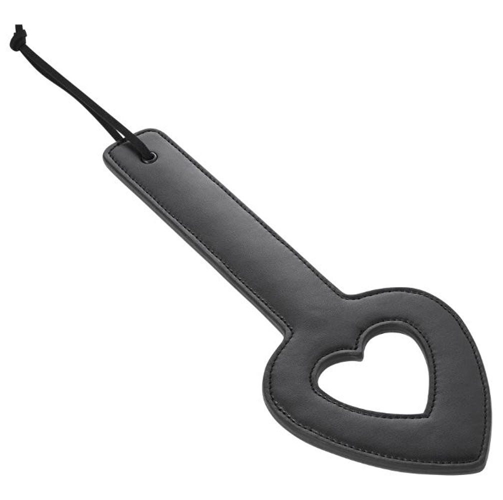 Sex & Mischief Shadow Heart Paddle in Black with Heart-Shaped End, Adjustable Wrist Strap for Impact Play and Sensory Enhancement Whips & Paddles