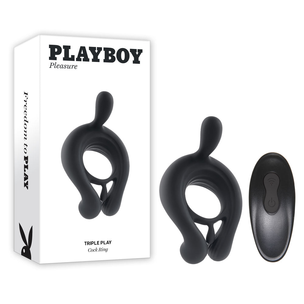 Playboy Pleasure Triple Play USB Rechargeable Cock Ring With Wireless Remote Black Cock Rings Vibrating