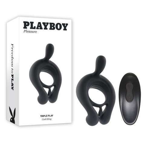 Playboy Pleasure Triple Play USB Rechargeable Cock Ring With Wireless Remote Black Cock Rings Vibrating