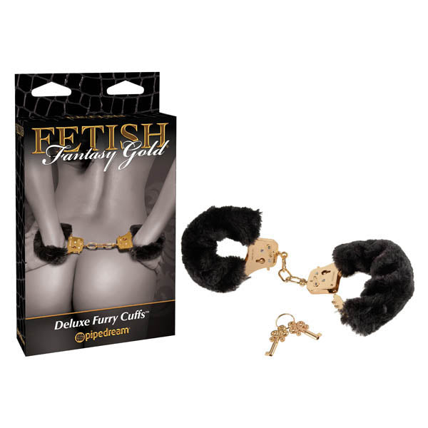 Fetish Fantasy Gold Deluxe Furry Cuffs Black Gold Furry Restraints Black Restraints