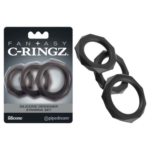 Fantasy C-Ringz Silicone Designer Stamina Set Black Cock Rings Set of 3 Sizes COCK RING Set