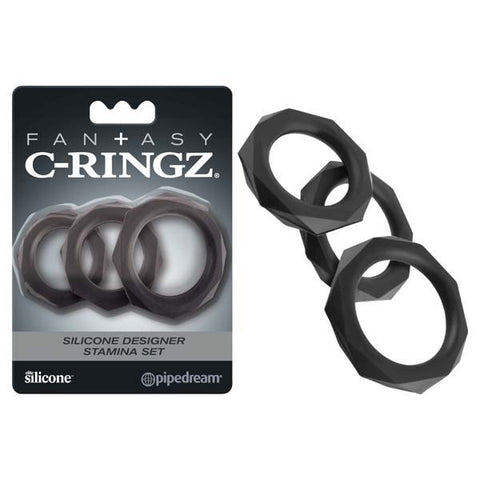 Fantasy C-Ringz Silicone Designer Stamina Set Black Cock Rings Set of 3 Sizes COCK RING Set