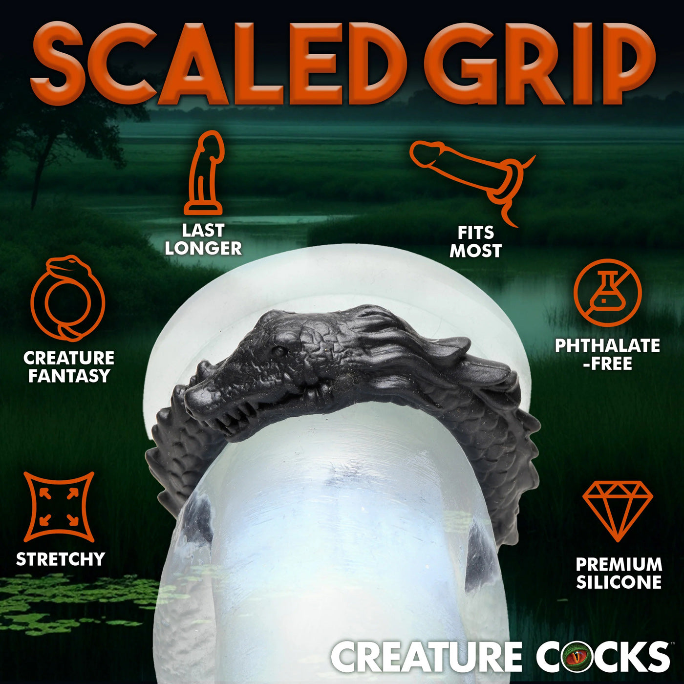 Black Caiman Silicone Cock Ring With Ridges And Stretch Fit COCK RINGS