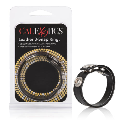 Adjustable Black Leather 3-Snap Cock Ring with Nickel-Free Snaps Black COCK RINGS