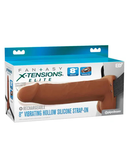 Fantasy X-Tensions Elite (Beige/Brown) – Vibrating Hollow Silicone Strap-On 8 Inch Brown > Dildos > Strap On Harnesses