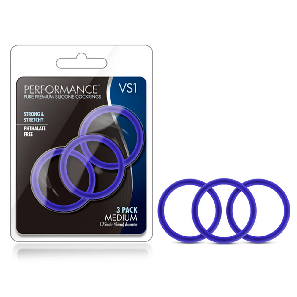 Performance VS1 Indigo Medium Silicone Cockrings Set of 3 Blue COCK RING Set