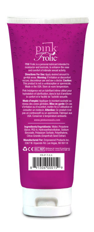 Pink Frolic Water-Based Personal Lubricant Gel 3.3 Oz Tube Speciality Lubricants