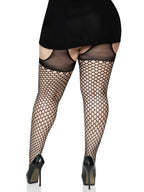 Plus Size Oval Net Suspender Hose with Opaque Top Black > Clothes > Hosiery > Garterbelt Sets