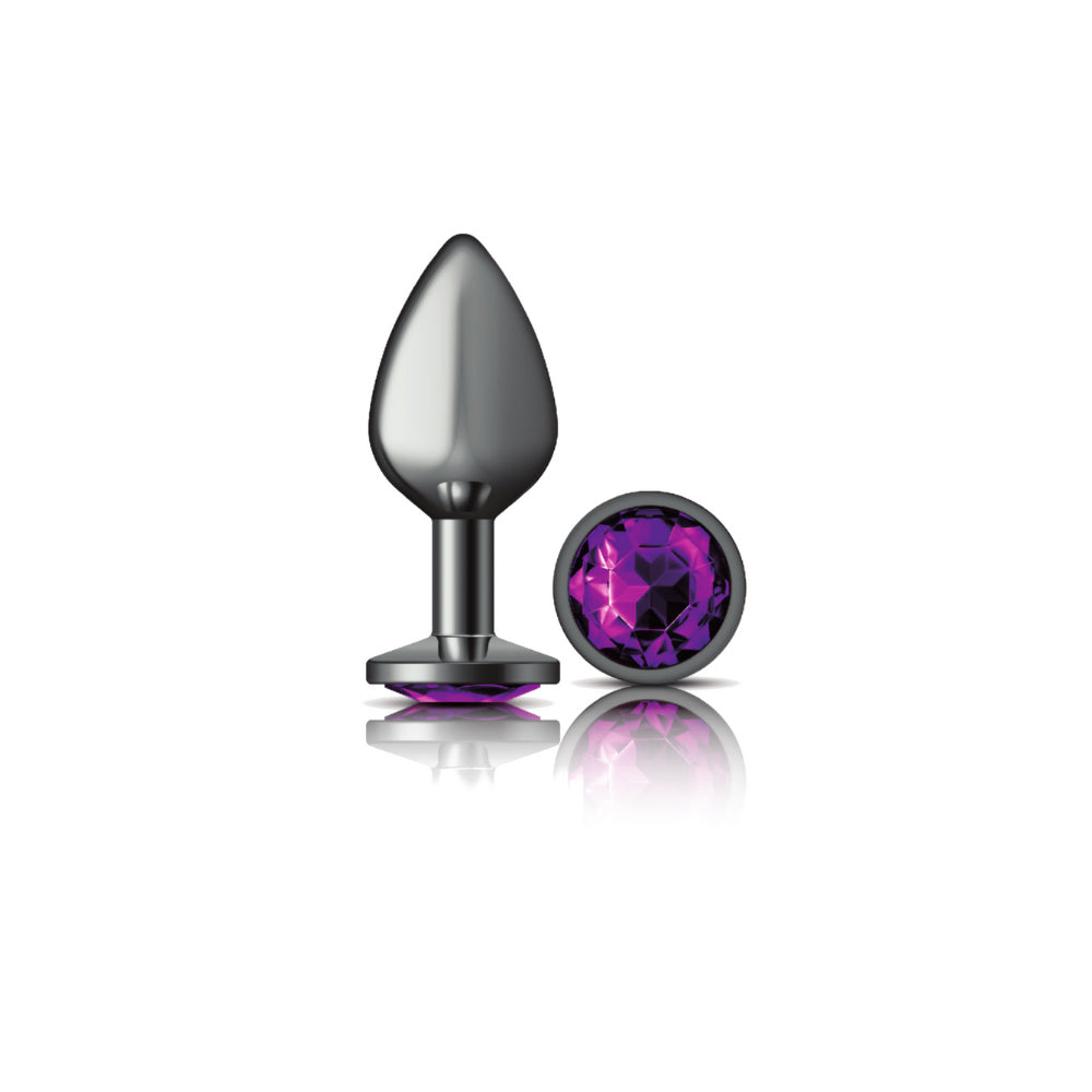 Cheeky Charms Gunmetal Round Butt Plug with Purple Jewel Medium (8.03cm) Purple Medium > Anal Range > Jewel Butt Plugs