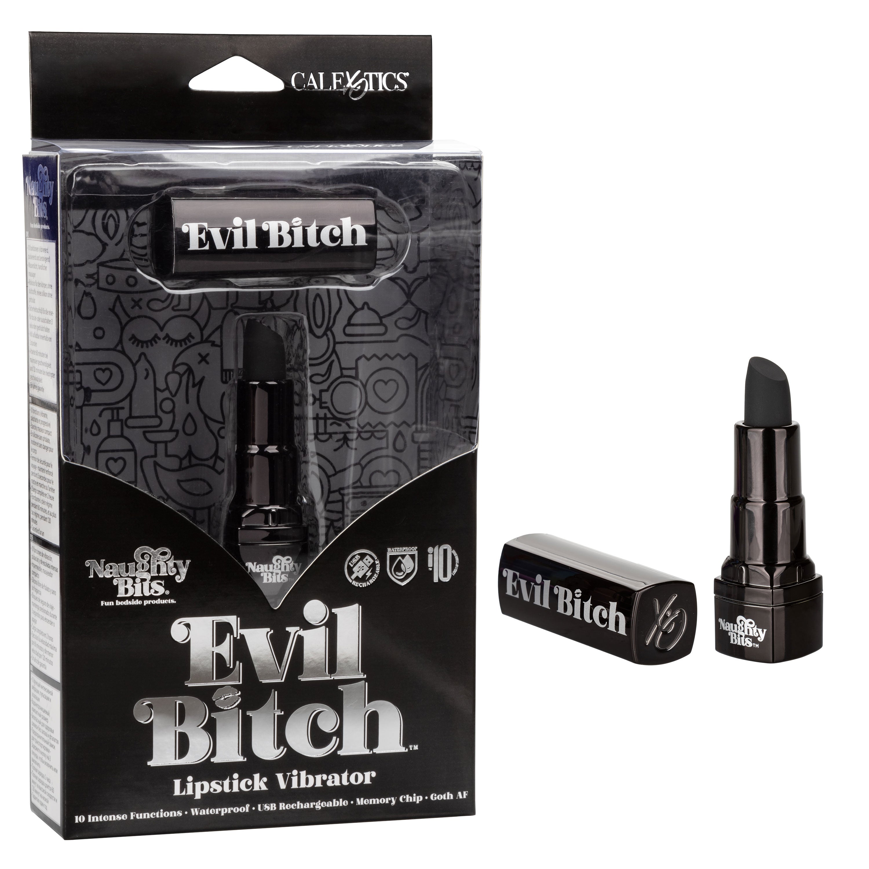 Naughty Bits Evil Bitch Black Lipstick Vibrator 4-Inch Rechargeable Waterproof Silicone Massager BULLETS