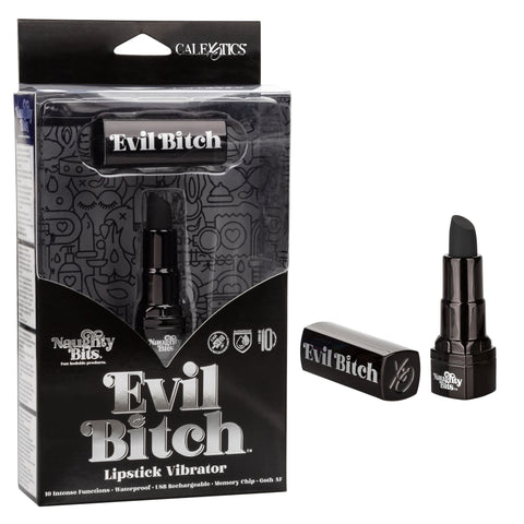 Naughty Bits Evil Bitch Black Lipstick Vibrator 4-Inch Rechargeable Waterproof Silicone Massager BULLETS