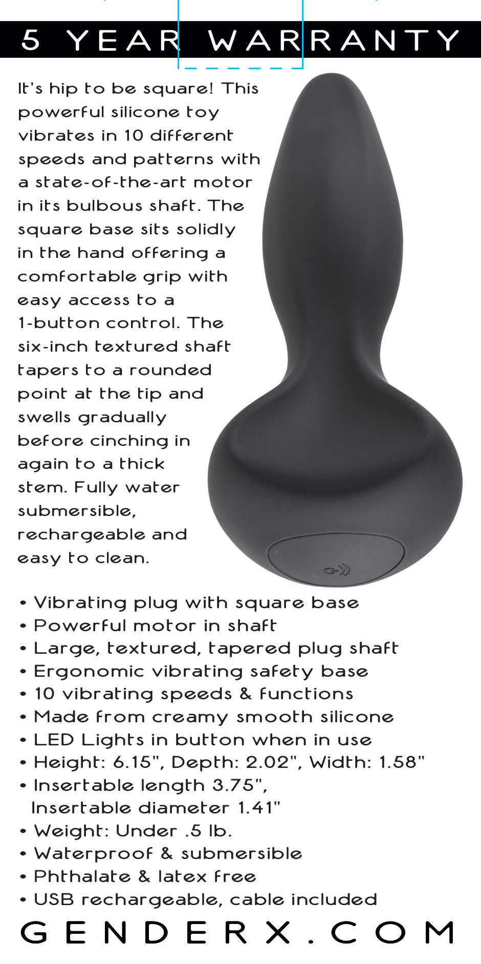 Gender X HIP TO BE SQUARE - 6 Inch Vibrating Plug Black Butt Plugs - Vibrating
