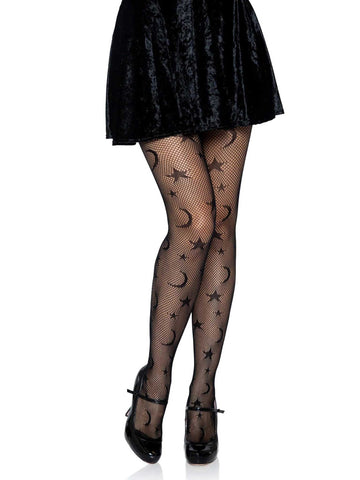 Celestial Fishnet Tights With Stars and Moons Black One Size Black Hosiery