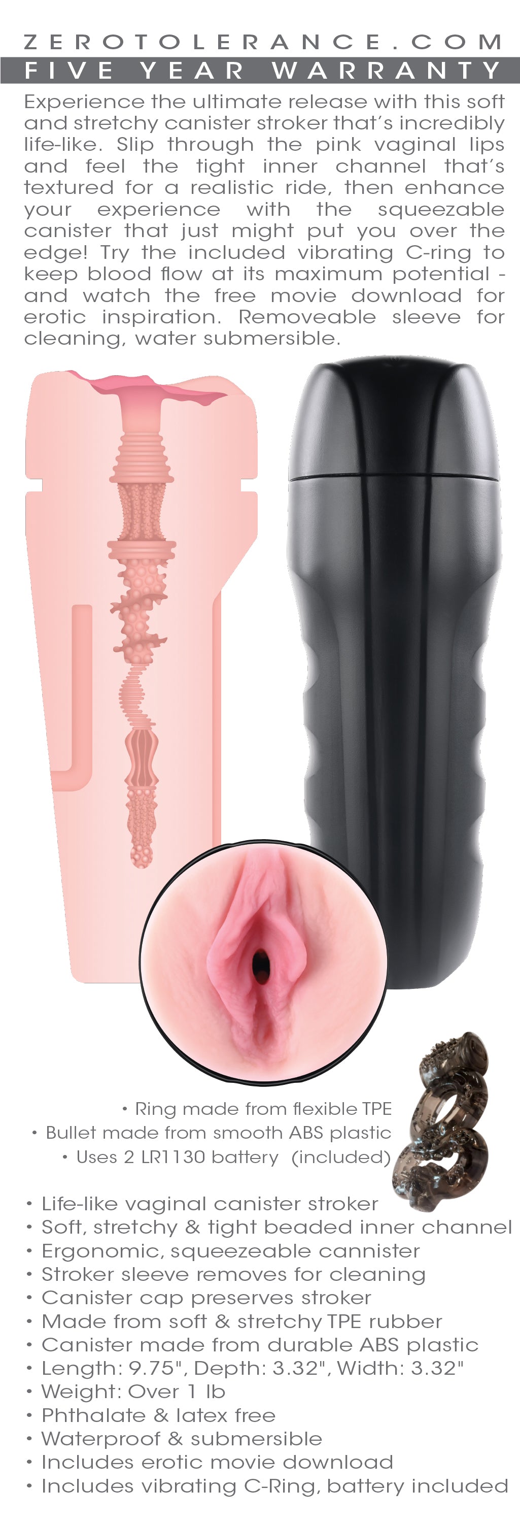 Zero Tolerance Grip It Light Vagina Stroker Strokers - Manual