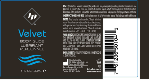 ID Velvet Silicone-Based Lubricant 1oz – Travel-Ready Silicone Lubricant > Lube > Silicone
