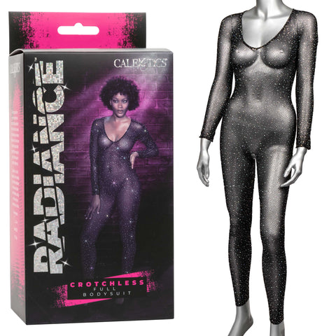 Radiance Crotchless Full Body Suit Black Mesh with Rhinestones, One Size Bodystocking
