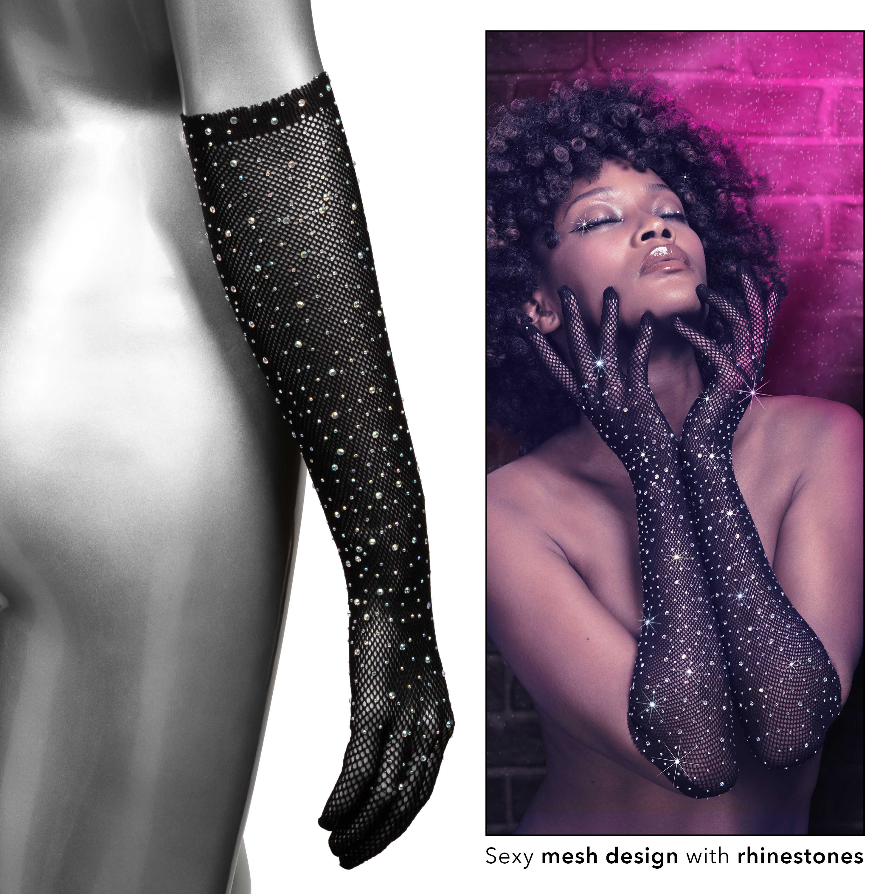 Radiance Black Full Length Mesh Gloves with Rhinestones One Size > Clothes > Accessories