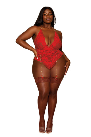 Queen Size Ruby Lace Garter Teddy with Adjustable Heart Chains > Clothes > Plus Size Lingerie
